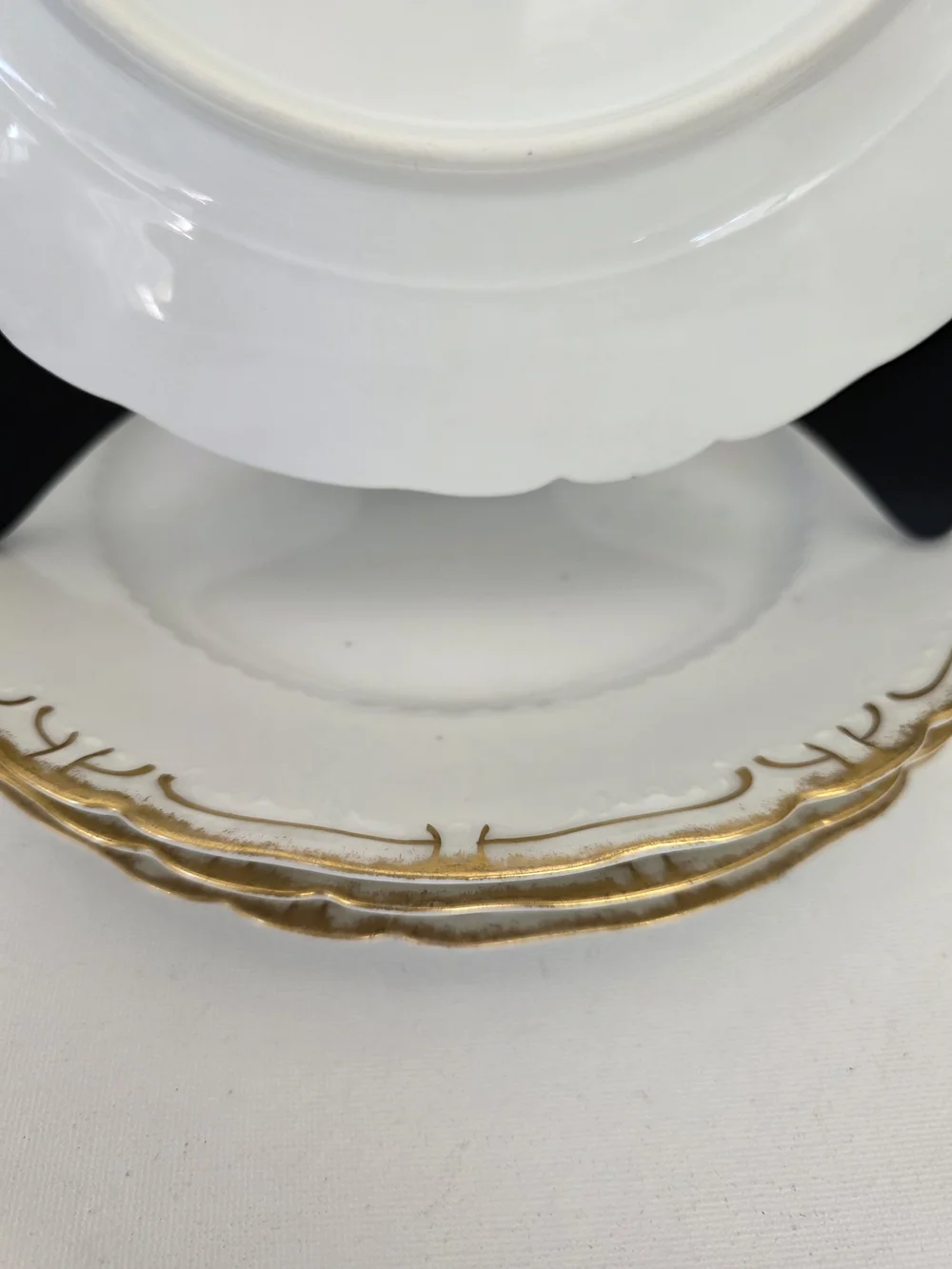 Vintage Haviland France White Porcelain Salad Plates with Gold Scalloped Edge.